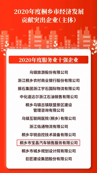 金昌汽車下屬桐鄉(xiāng)寶昌獲評服務業(yè)十強企業(yè)